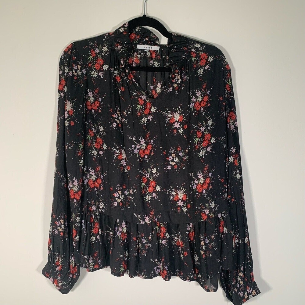 RO & DE Blouse Women’s Medium Black Floral Sheer Long Sleeve Lightweight